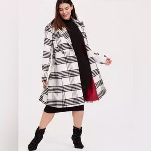 Torrid Stylish Black and White Plaid Oversized Fit & Flare Coat